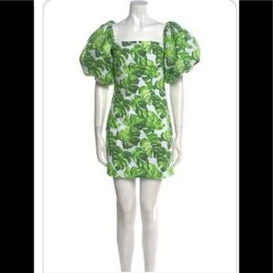 Caroline Constas Plant Leaf Bodycon Mini Dress XS Puff Sleeve Off Shoulder